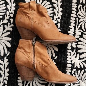 Frye Tan Leather Western-Inspired Ankle Booties with Side Zip